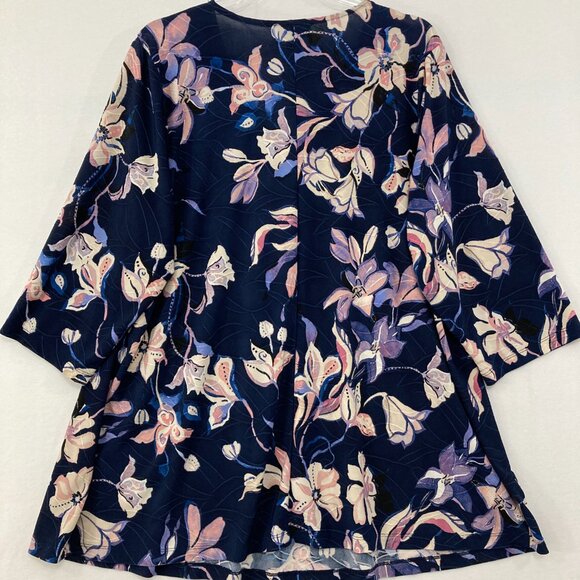 Catherines size 1X Navy Floral Stretch V neck 3/4 Sleeve Top Office Career - Picture 6 of 7